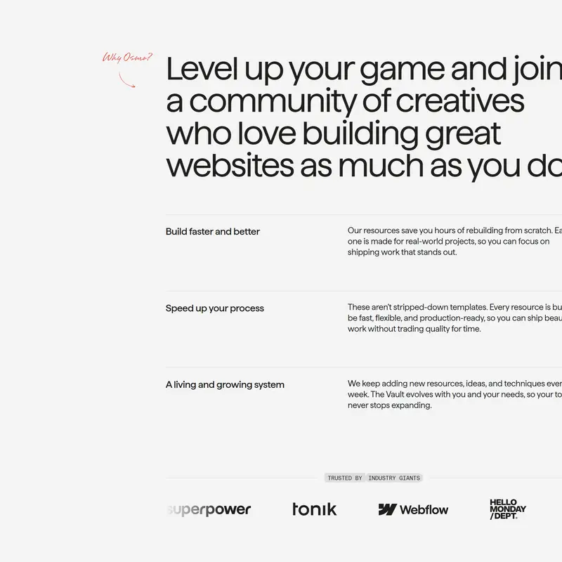 Секция «Преимущества» с сайта https://www.osmo.supply/, тематика — Дизайн, цвета — Белый, стиль — Минимализм, Типографика, типографика — Без засечек