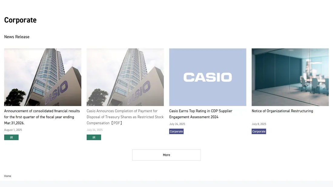 Секция «Новости» с сайта https://www.casio.com/intl/, тематика — Интернет-магазин, Продукт, Бизнес и профессиональные услуги, цвета — Белый, стиль — Корпоративный, Минимализм, типографика — Без засечек