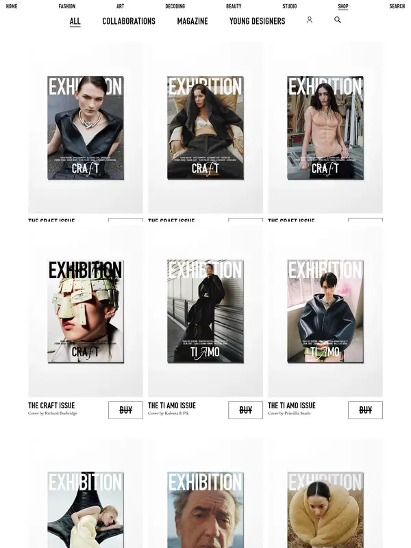 Каталог Exhibition Magazine, тематика — Искусство, цвета — Белый, Серый, стиль — Карточный, Минимализм, типографика — Без засечек, Декоративные