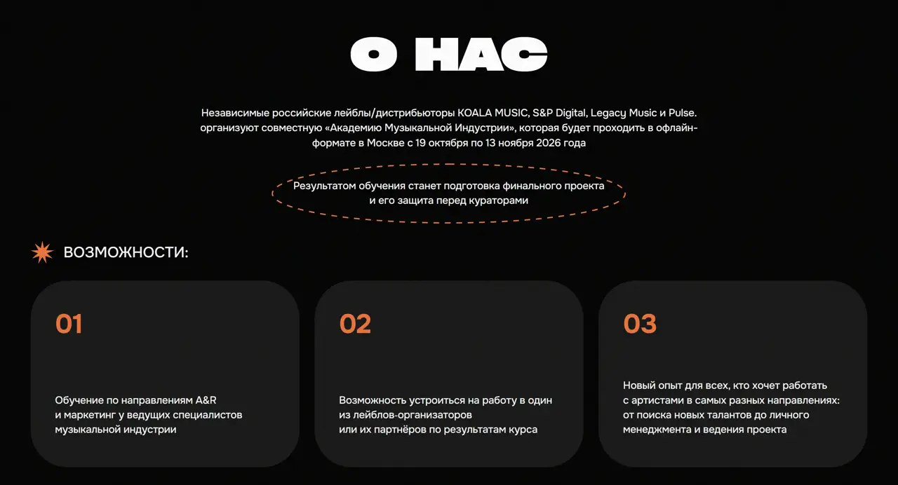 Секция «О компании» с сайта https://akademymusic.com/, тематика — Музыка, цвета — Черный, стиль — Карточный, Брутализм, типографика — Без засечек, Декоративные