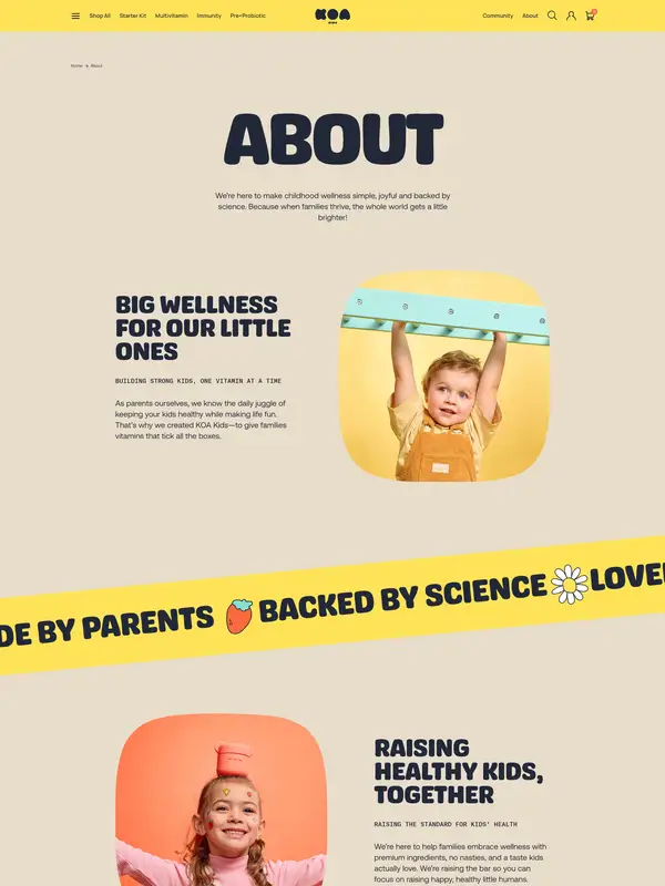 Страница о компании KOA Kids, тематика — Интернет-магазин, Здоровье и фитнес, цвета — Белый, Серый, Розовый, стиль — Плоский, Карточный, Фестивальный, типографика — Без засечек, Декоративные