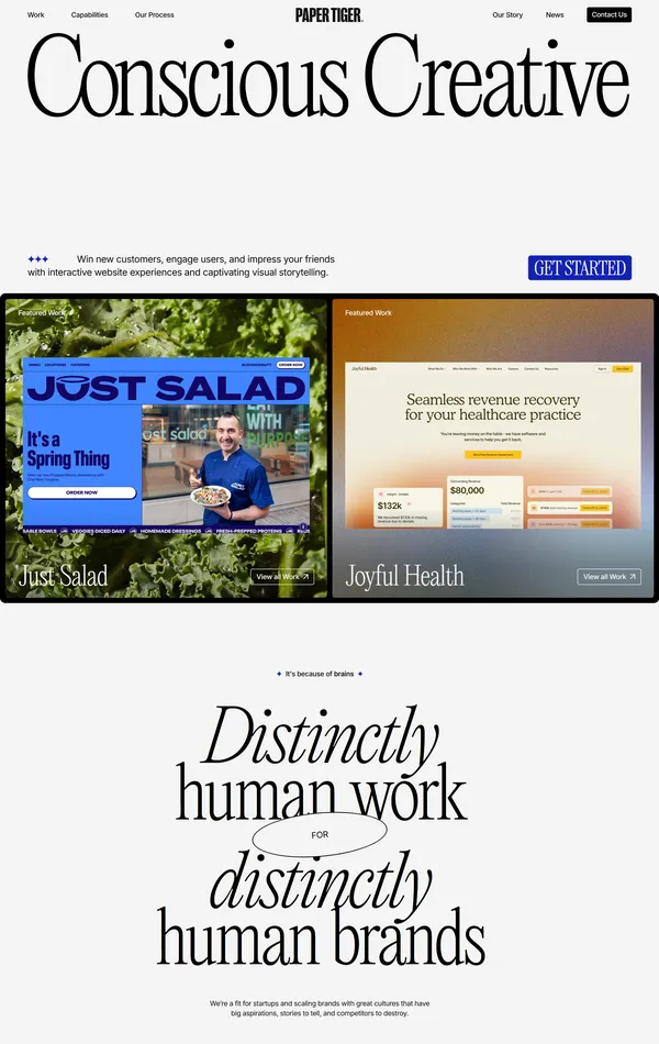 Главная Paper Tiger, тематика — Агентство , цвета — Белый, Серый, стиль — Корпоративный, Типографика, типографика — С засечками, Без засечек