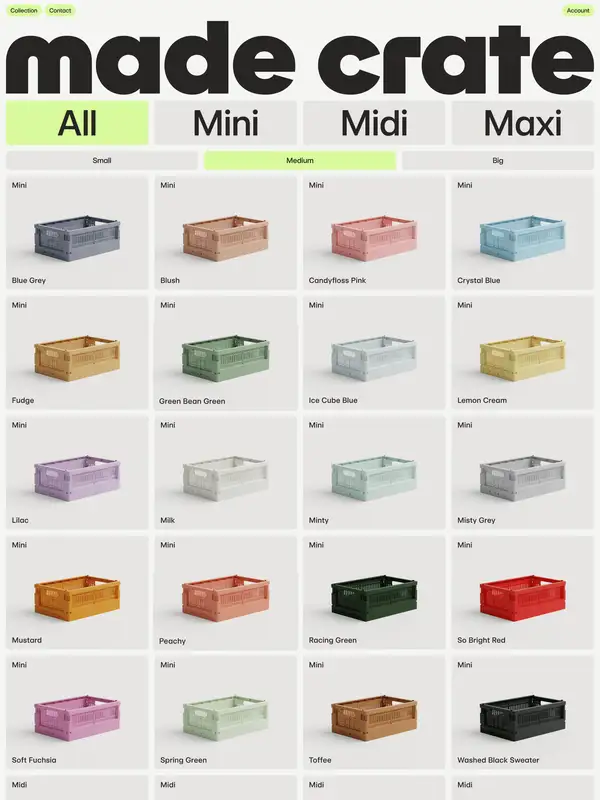 Каталог Made Crate, тематика — Продукт, цвета — Белый, Серый, стиль — Минимализм, Брутализм, типографика — Без засечек, Декоративные