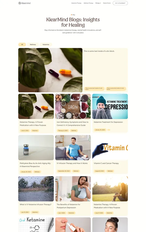 Блог Klearmind, тематика — Здоровье и фитнес, цвета — Белый, Серый, стиль — Корпоративный, типографика — Без засечек