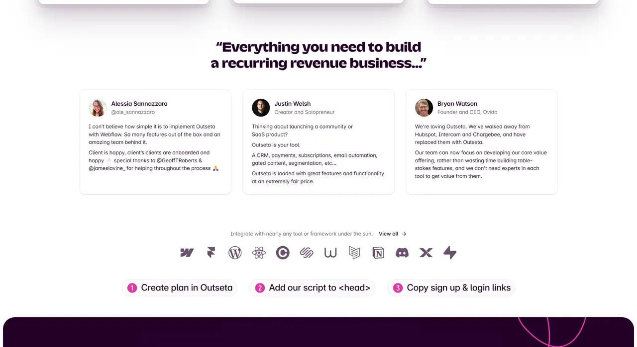 Секция «Отзывы» с сайта https://www.outseta.com/, тематика — SaaS, цвета — Белый, Черный, Серый, стиль — Корпоративный, Карточный, Минимализм, типографика — Без засечек
