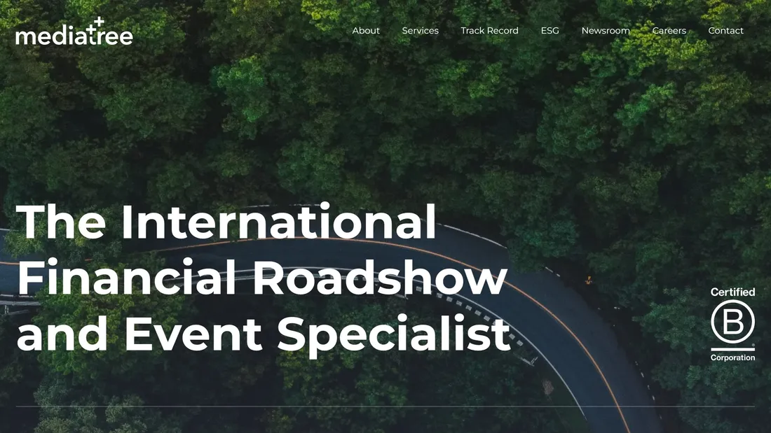 Секция «Первый экран» с сайта https://media-tree.com/, тематика — Финансы, цвета — Черный, Серый, стиль — Корпоративный, типографика — Без засечек