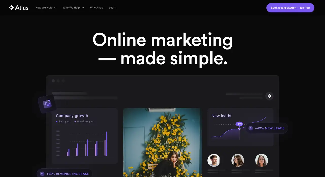Секция «Первый экран» с сайта https://www.growwithatlas.co/, тематика — Маркетинг, цвета — Черный, стиль — Корпоративный, Минимализм, типографика — Без засечек, Декоративные