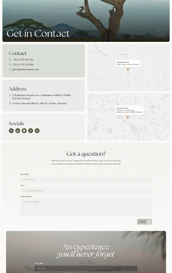 Секция «Контакты» с сайта https://www.graftonsafaris.com/, тематика — Путешествия и туризм, цвета — Белый, Серый, стиль — Классический, Корпоративный, типографика — С засечками, Без засечек