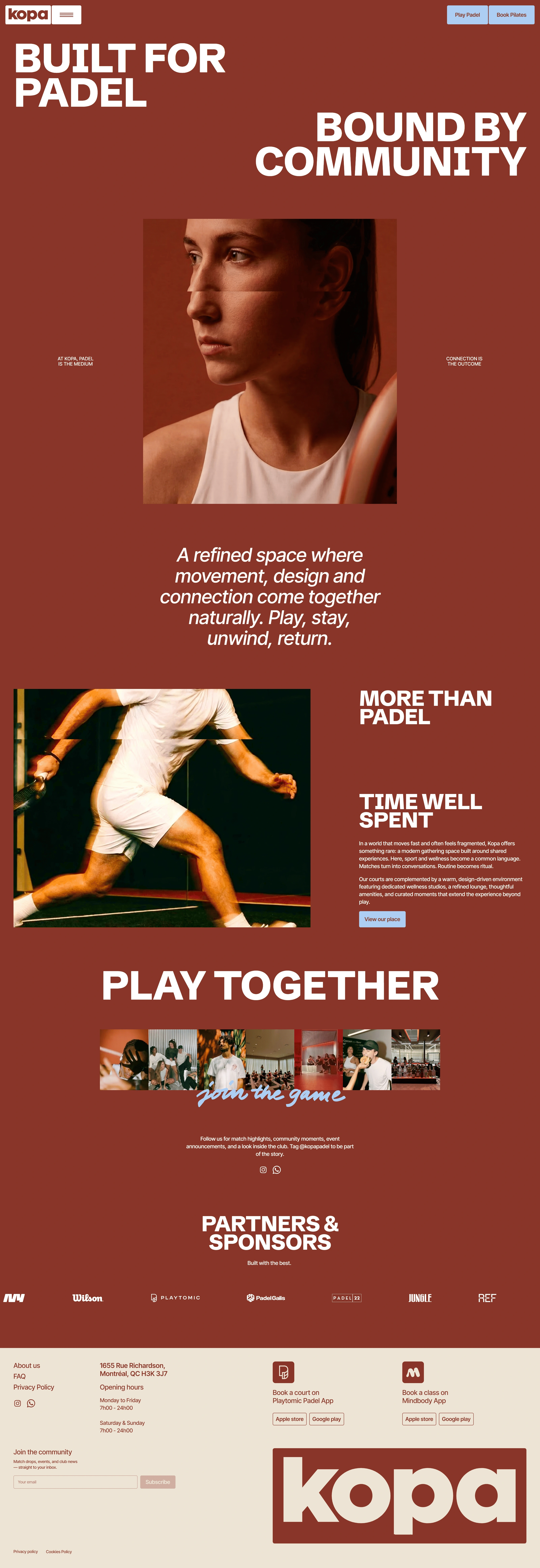 Kopa Padel Страница о компании Kopa Padel, тематика — Развлечения, Другое, цвета — Белый, Серый, Коричневый, стиль — Минимализм, типографика — Без засечек