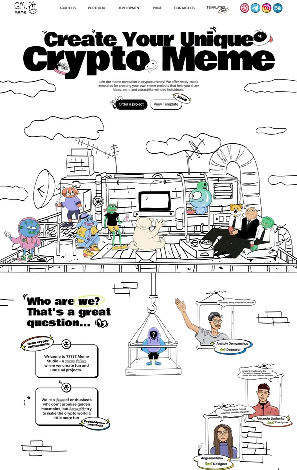 Главная GM Meme Studio, тематика — Крипто  и блокчейн, цвета — Белый, Серый, стиль — Рисованный, типографика — Декоративные