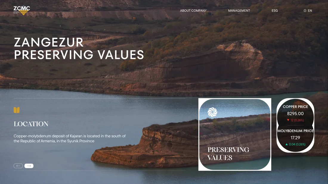 Секция «Первый экран» с сайта https://zangezur.site/en/, тематика — Производство, цвета — Черный, Серый, стиль — Классический, Корпоративный, типографика — Без засечек