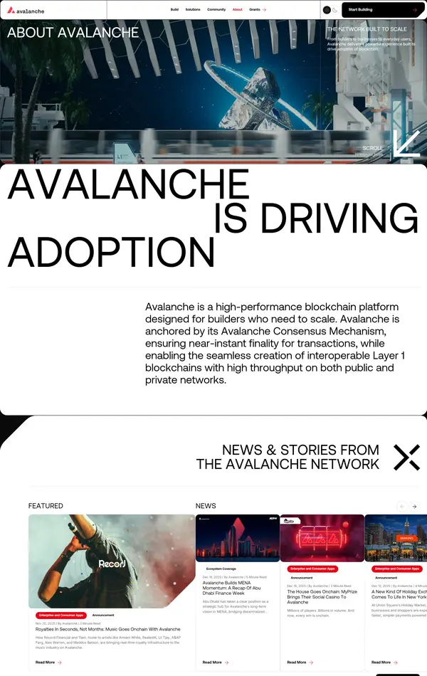 Страница о компании Avalanche, тематика — Крипто  и блокчейн, цвета — Белый, стиль — Корпоративный, Типографика, типографика — Без засечек