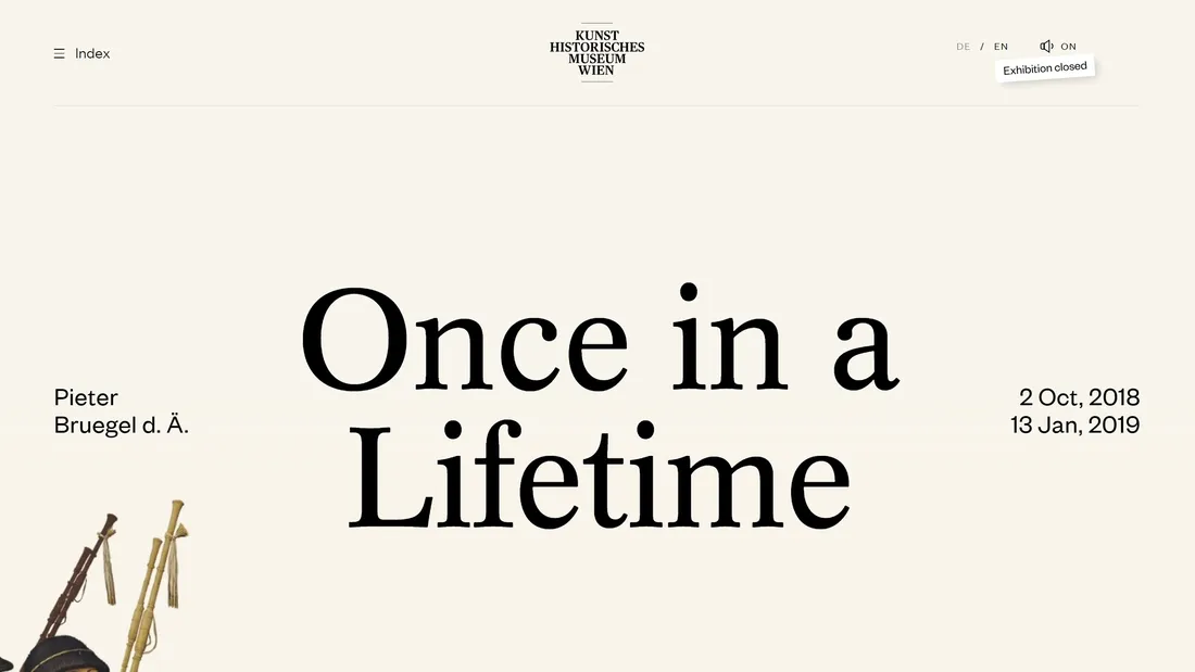 Секция «Призыв к действию» с сайта https://www.bruegel2018.at/en/, тематика — Искусство, цвета — Белый, стиль — Минимализм, типографика — С засечками