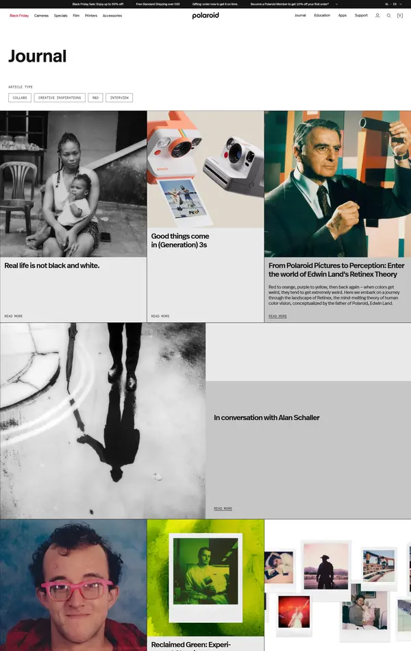 Блог Polaroid, тематика — Медиа, цвета — Белый, Черный, Серый, стиль — Фестивальный, типографика — Без засечек