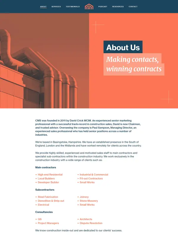 Страница о компании Construction Sales & Marketing, тематика — Строительство, цвета — Белый, Черный, Серый, стиль — Корпоративный, Минимализм, типографика — Без засечек