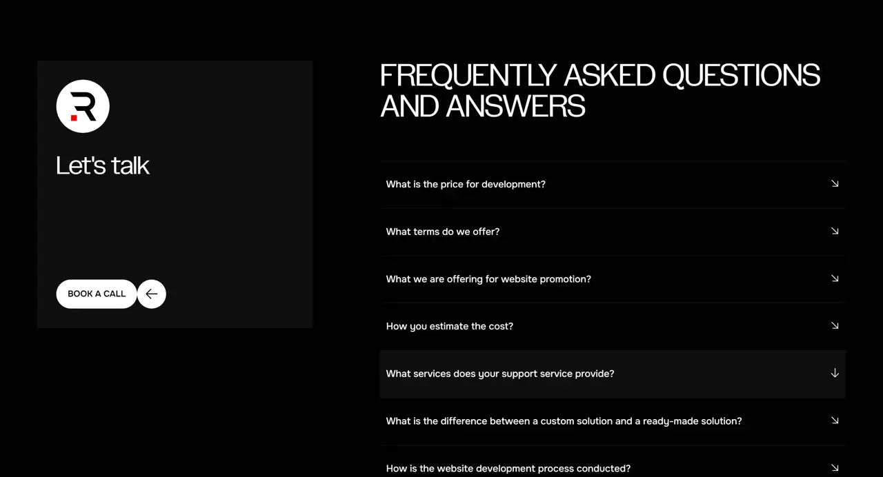 Секция «FAQ» с сайта https://redstone.software/, тематика — IT и программное обеспечение, цвета — Черный, стиль — Минимализм, типографика — Без засечек