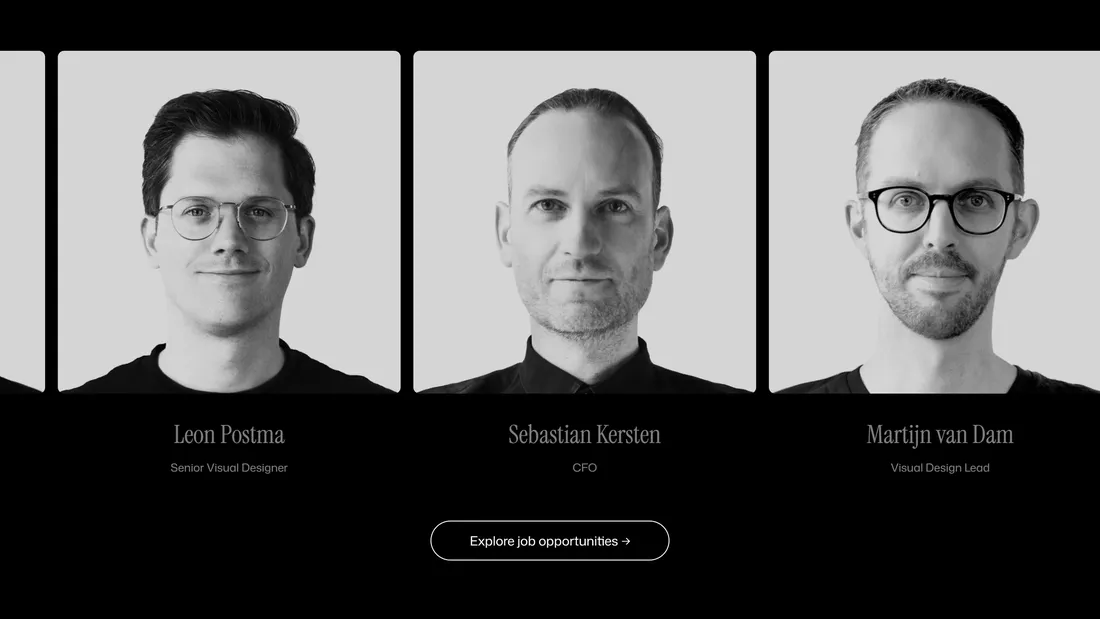Секция «Команда» с сайта https://www.momkai.com/, тематика — Дизайн, цвета — Белый, Черный, Серый, стиль — Корпоративный, Минимализм, типографика — Без засечек