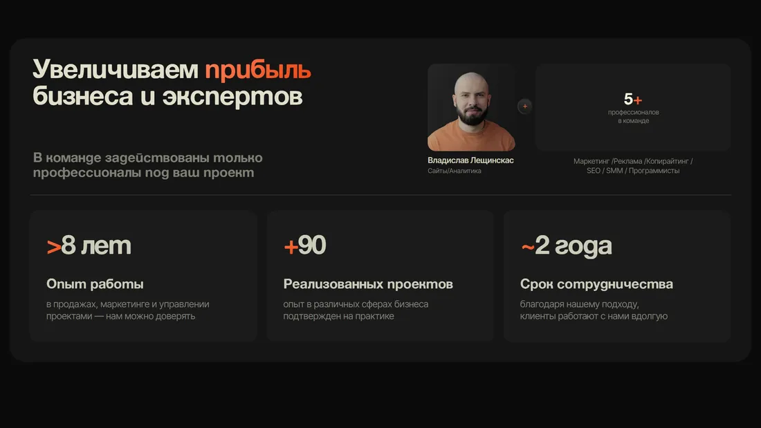 Секция «Команда» с сайта https://codebro.ru/, тематика — Бизнес и профессиональные услуги, Агентство , цвета — Черный, стиль — Корпоративный, Минимализм, типографика — Без засечек