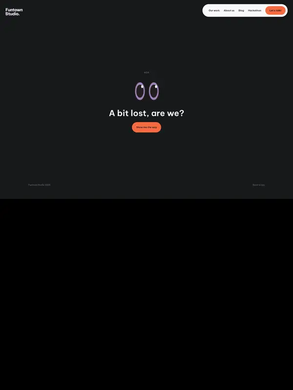 404-страница Funtown Studio, тематика — Дизайн, цвета — Черный, стиль — Минимализм, типографика — Без засечек, Декоративные