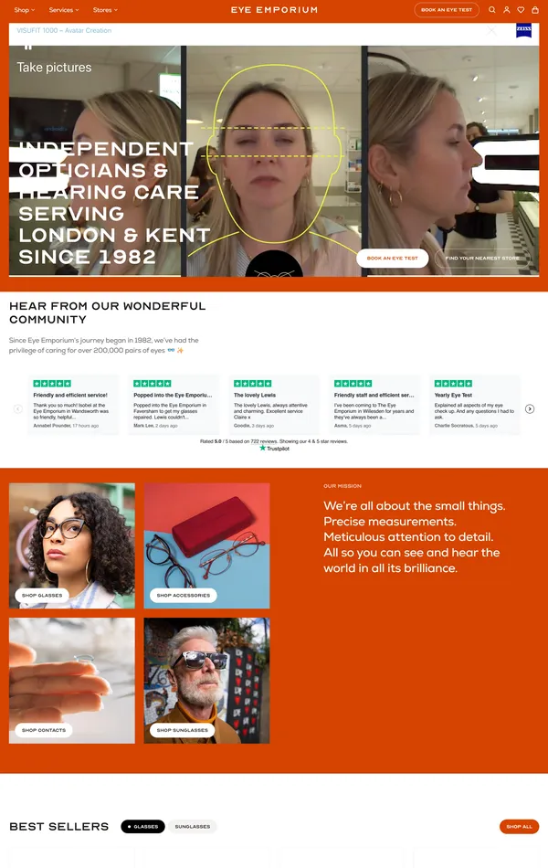 Главная Eye Emporium, тематика — Интернет-магазин, цвета — Белый, Черный, Серый, Красный, стиль — Корпоративный, типографика — Без засечек