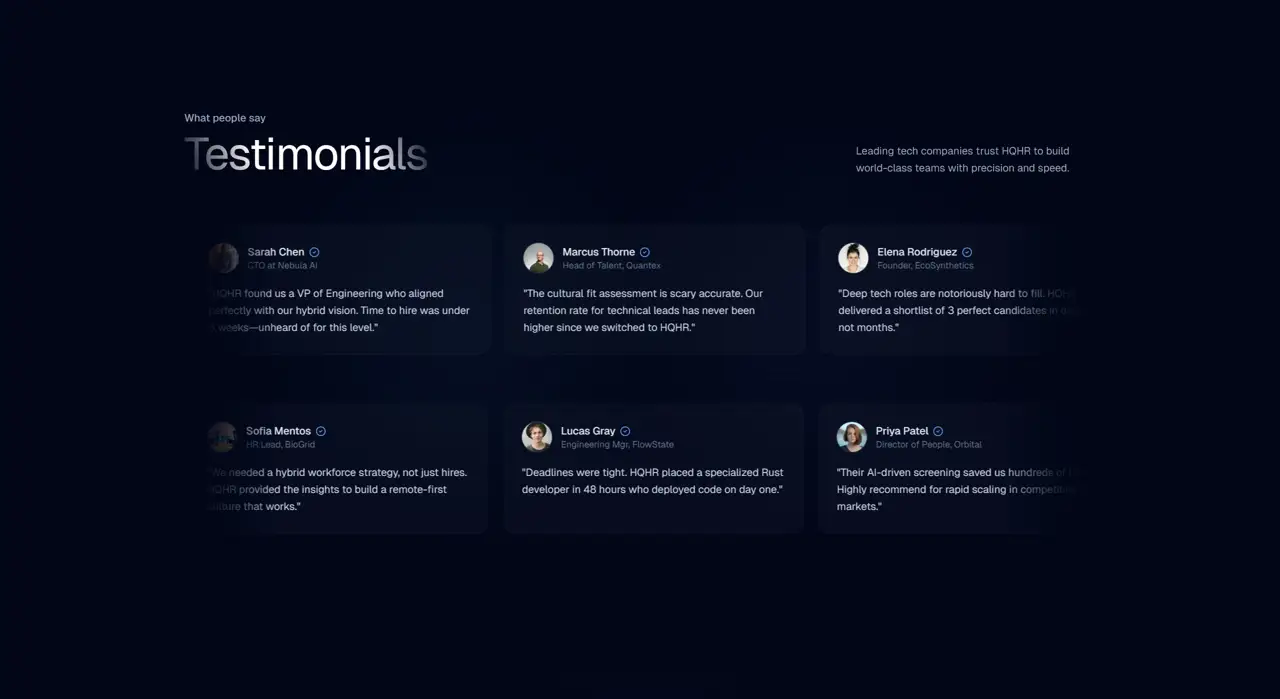Секция «Отзывы» с сайта https://hqhr.com/#, тематика — HR, цвета — Черный, стиль — Корпоративный, Карточный, типографика — Без засечек