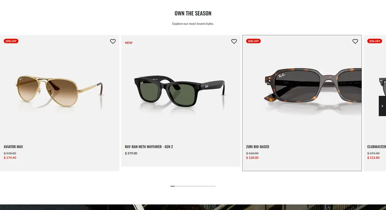 Секция «Товары» с сайта https://www.ray-ban.com/usa, тематика — Одежда, цвета — Белый, стиль — Карточный, Минимализм, типографика — Без засечек