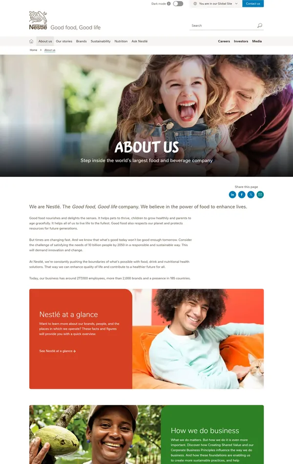 Страница о компании Nestlé, тематика — Еда и напитки, цвета — Белый, Серый, Синий, стиль — Корпоративный, типографика — Без засечек