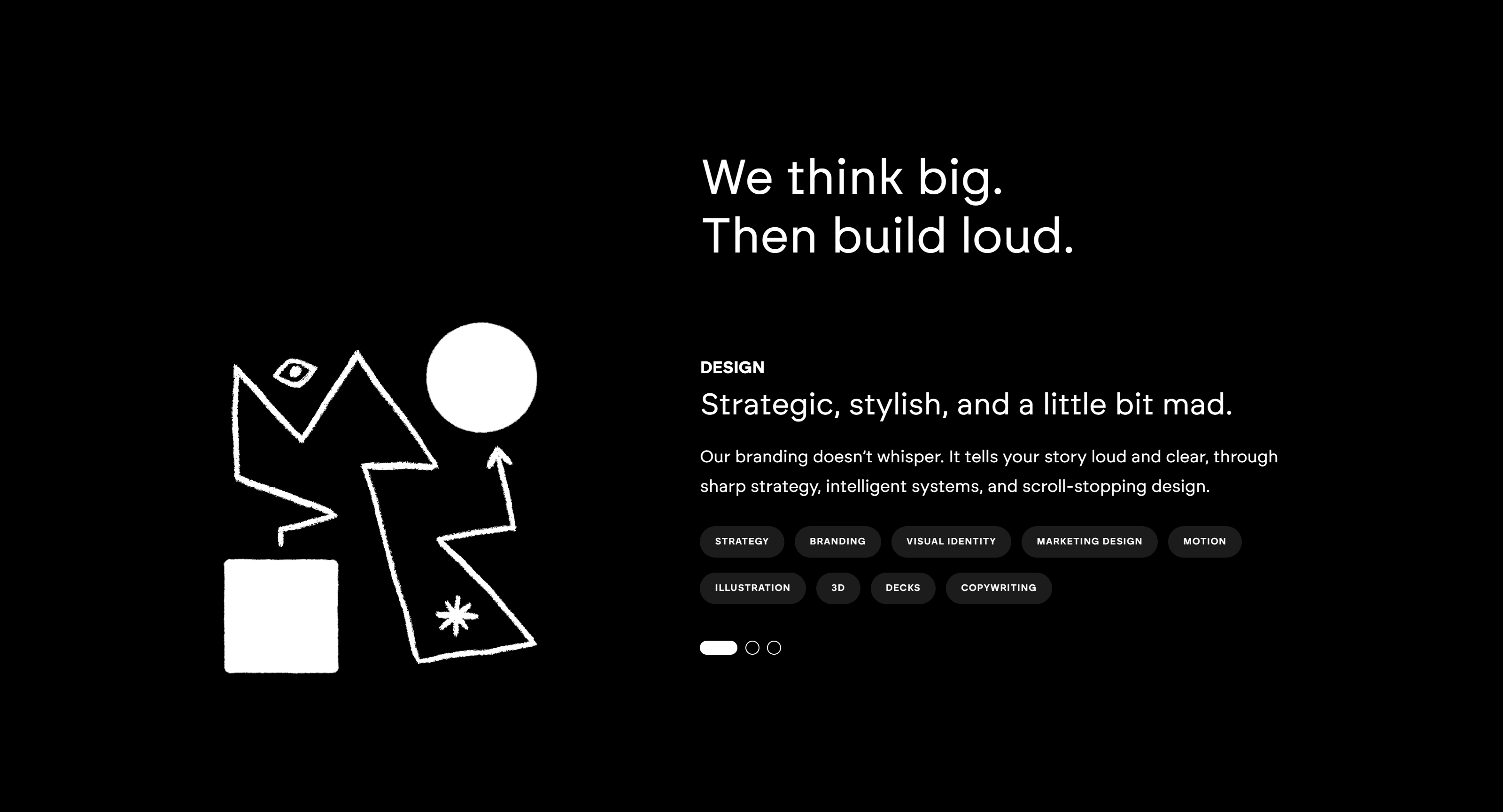 Mad Creative Agency Секция «Первый экран» с сайта https://mad-creative-agency.com/, тематика — Агентство , цвета — Черный, стиль — Минимализм, типографика — Без засечек