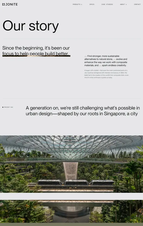 Страница о компании Jonite, тематика — Строительство, цвета — Белый, Серый, стиль — Корпоративный, типографика — Без засечек