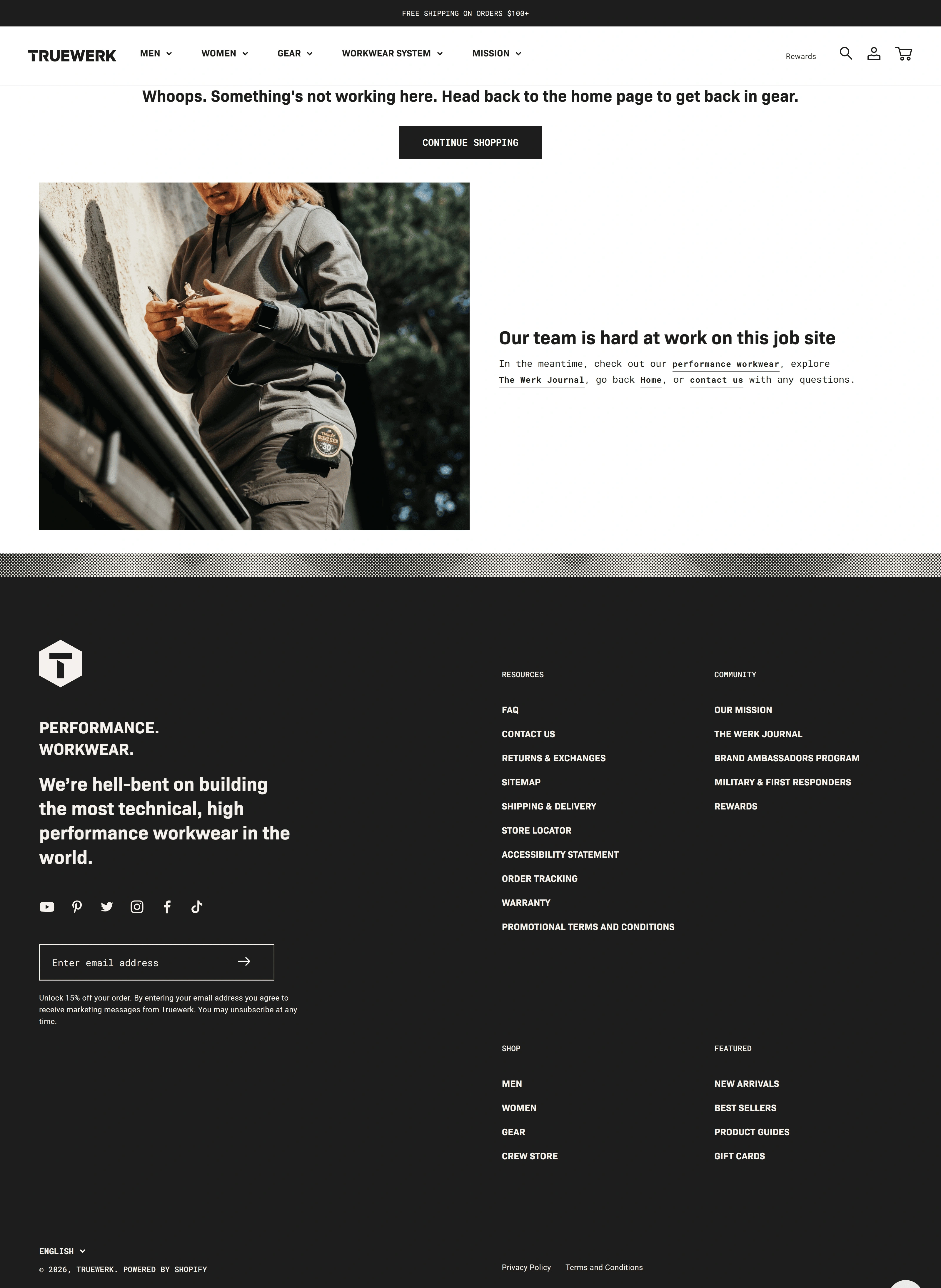 TRUEWERK 404-страница TRUEWERK, тематика — Одежда, цвета — Белый, Черный, Серый, стиль — Корпоративный, Минимализм, типографика — Без засечек