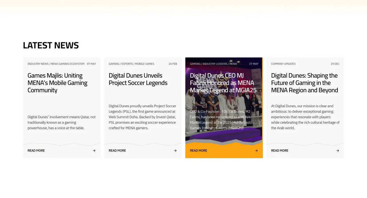 Секция «Новости» с сайта https://digitaldunes.com/, тематика — Другое, цвета — Белый, Черный, Серый, стиль — Корпоративный, Карточный, типографика — Без засечек