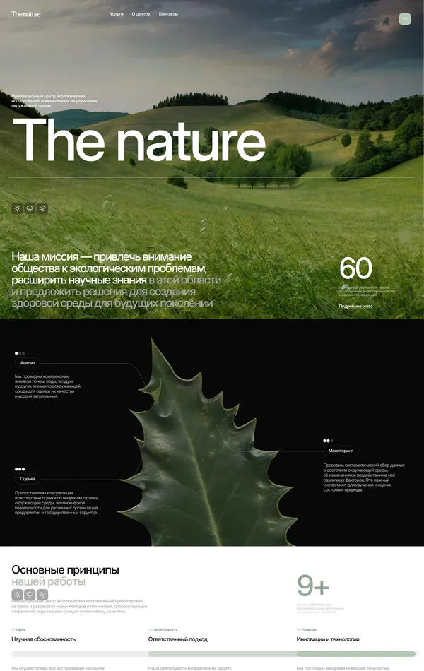 Главная The nature, тематика — Некоммерческая деятельность, цвета — Белый, Черный, Серый, стиль — Корпоративный, Минимализм, Органический и природный, типографика — Без засечек