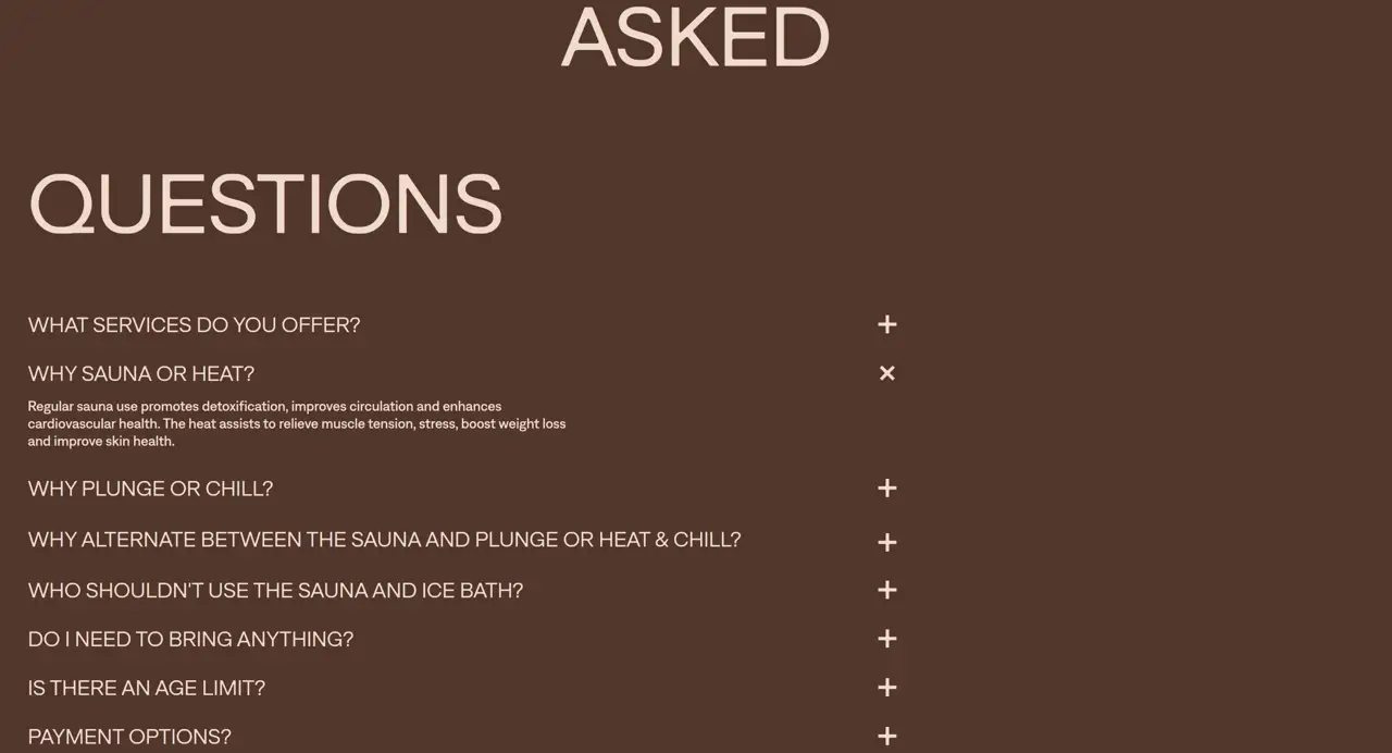Секция «FAQ» с сайта https://www.hitpause.co.nz/, тематика — Здоровье и фитнес, цвета — Черный, Коричневый, стиль — Минимализм, типографика — Без засечек