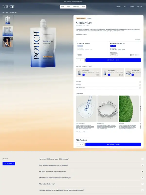 Продукт Drink POUCH, тематика — Еда и напитки, цвета — Белый, Черный, Серый, стиль — Корпоративный, Минимализм, типографика — Без засечек