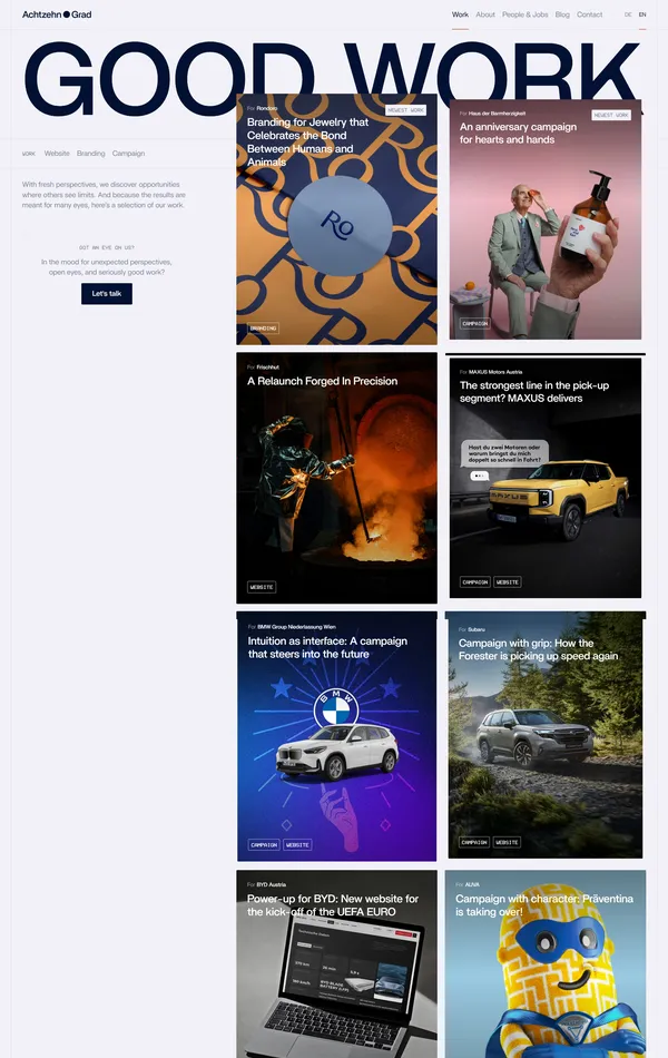 Портфолио Achtzehn Grad, тематика — Агентство , цвета — Белый, Черный, Серый, стиль — Корпоративный, типографика — Без засечек