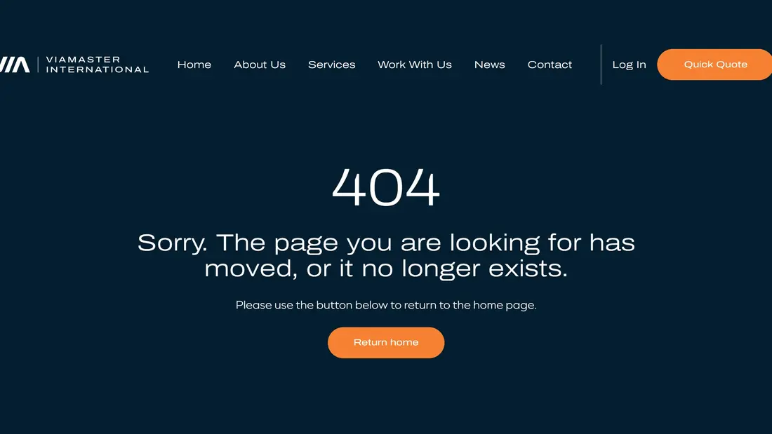404-страница Viamaster International, тематика — Логистика, цвета — Черный, стиль — Корпоративный, Минимализм, типографика — Без засечек