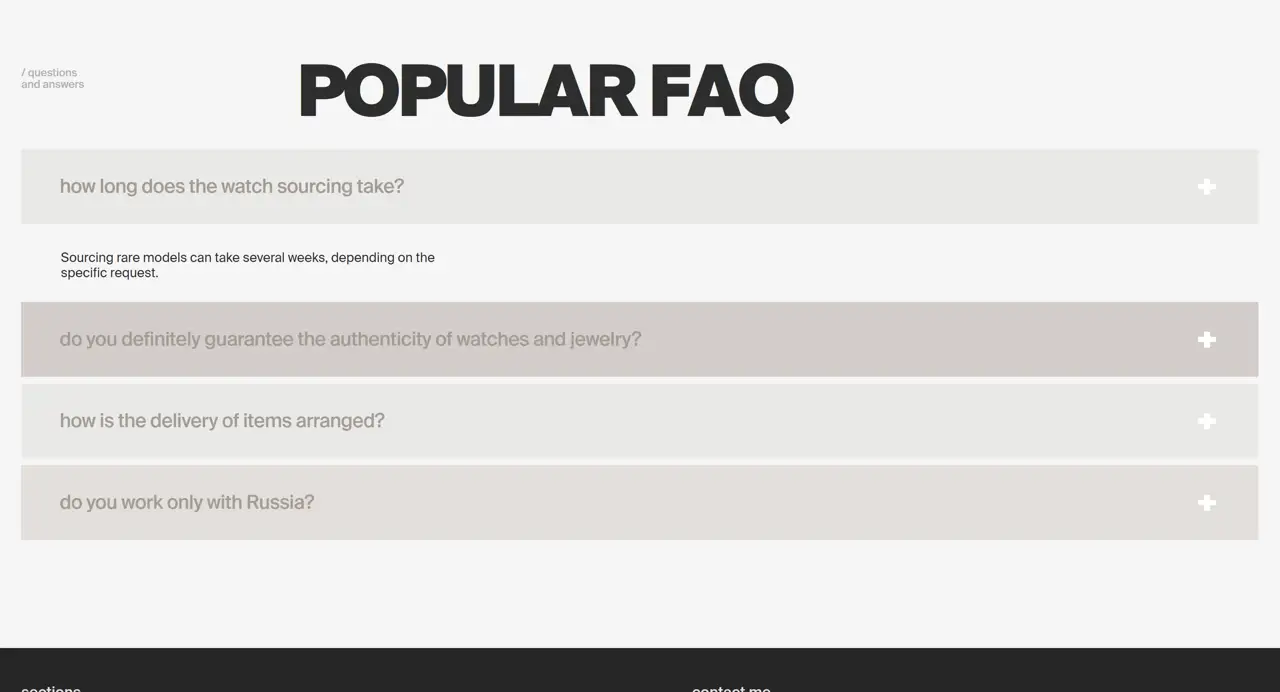 Секция «FAQ» с сайта https://the1010watches.com/en, тематика — Другое, цвета — Белый, Черный, стиль — Минимализм, типографика — Без засечек