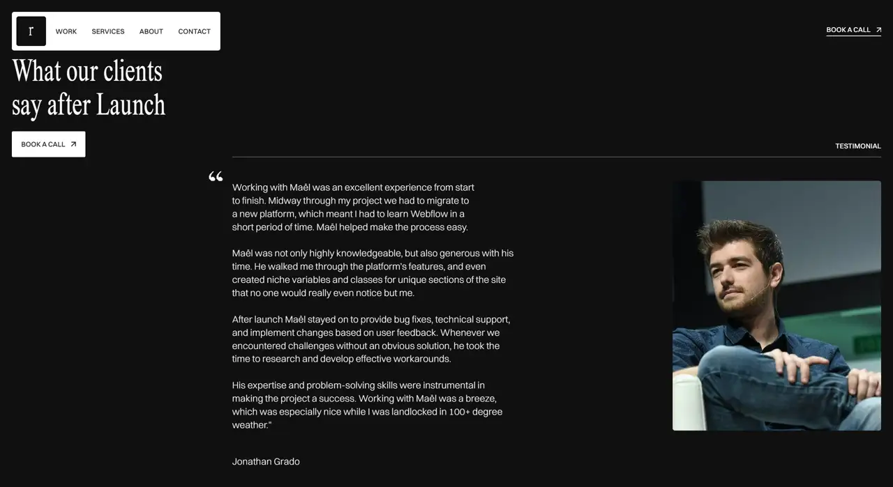 Секция «Отзывы» с сайта https://www.rhumb.co/, тематика — Дизайн, цвета — Черный, стиль — Минимализм, типографика — Без засечек