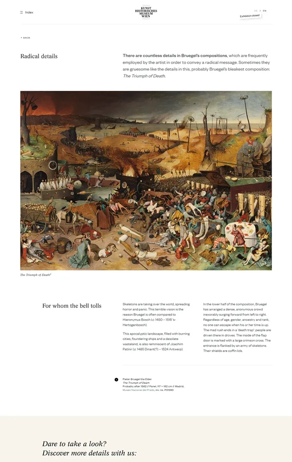 Страница о компании Bruegel, тематика — Искусство, цвета — Белый, Черный, Серый, Коричневый, стиль — Классический, типографика — С засечками, Без засечек