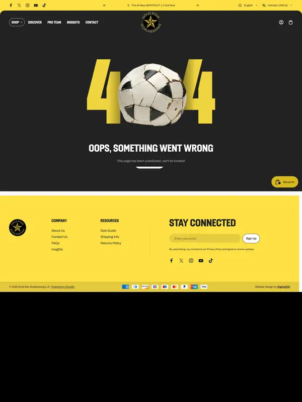 404-страница Gold Star Goalkeeping, тематика — Интернет-магазин, цвета — Черный, Желтый, стиль — Брутализм, типографика — Без засечек, Декоративные