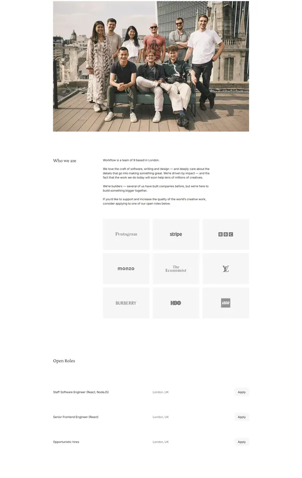 Страница о компании Workflow, тематика — Дизайн, Агентство , цвета — Белый, стиль — Корпоративный, Минимализм, типографика — Без засечек