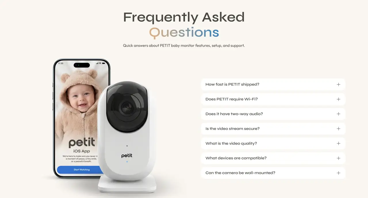 Секция «FAQ» с сайта https://wonder-theme-petit-demo.myshopify.com/, тематика — Интернет-магазин, цвета — Белый, стиль — Корпоративный, Минимализм, типографика — Без засечек