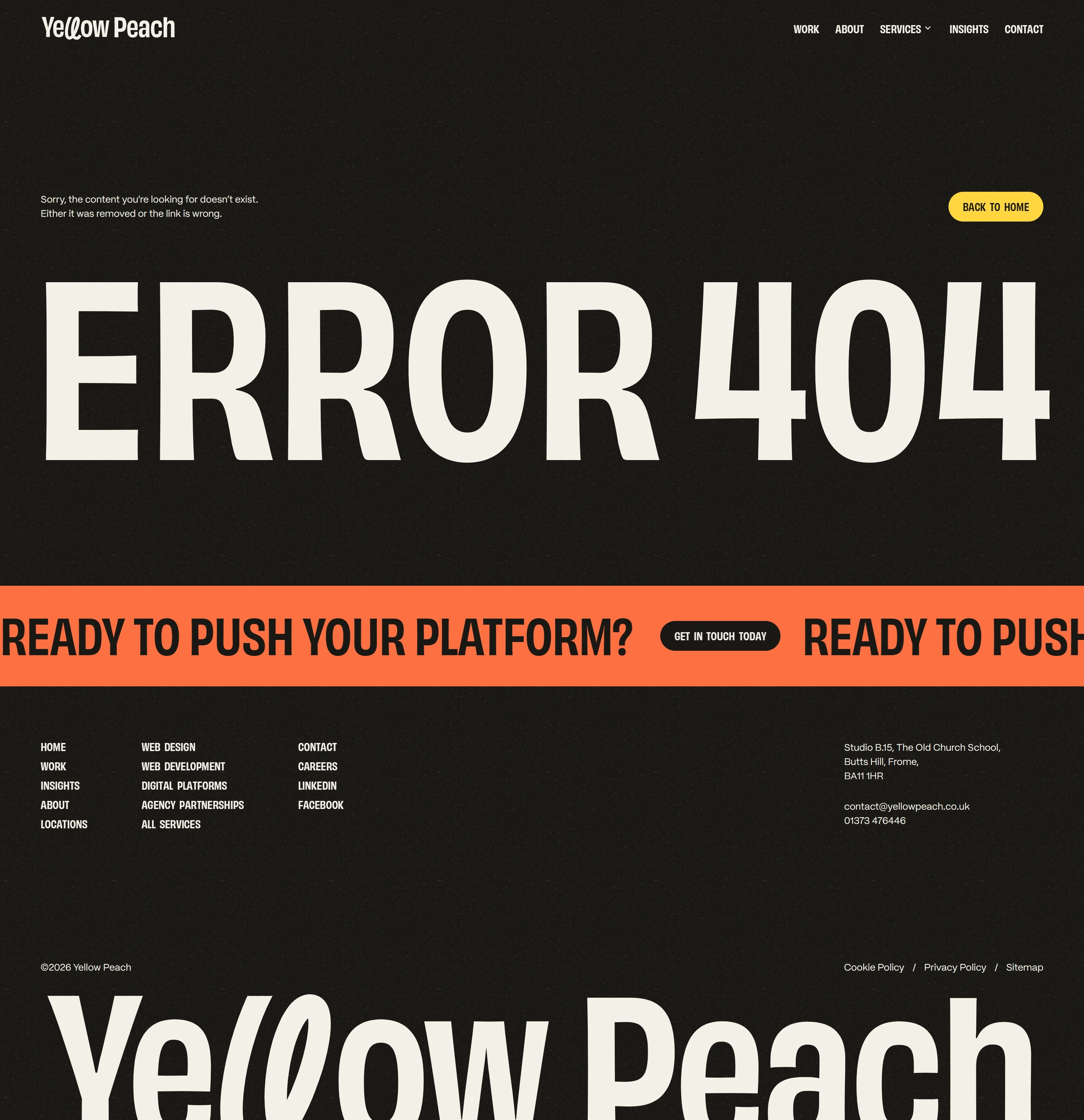 Yellow Peach 404-страница Yellow Peach, тематика — Агентство , цвета — Черный, стиль — Минимализм, Брутализм, типографика — Без засечек, Декоративные