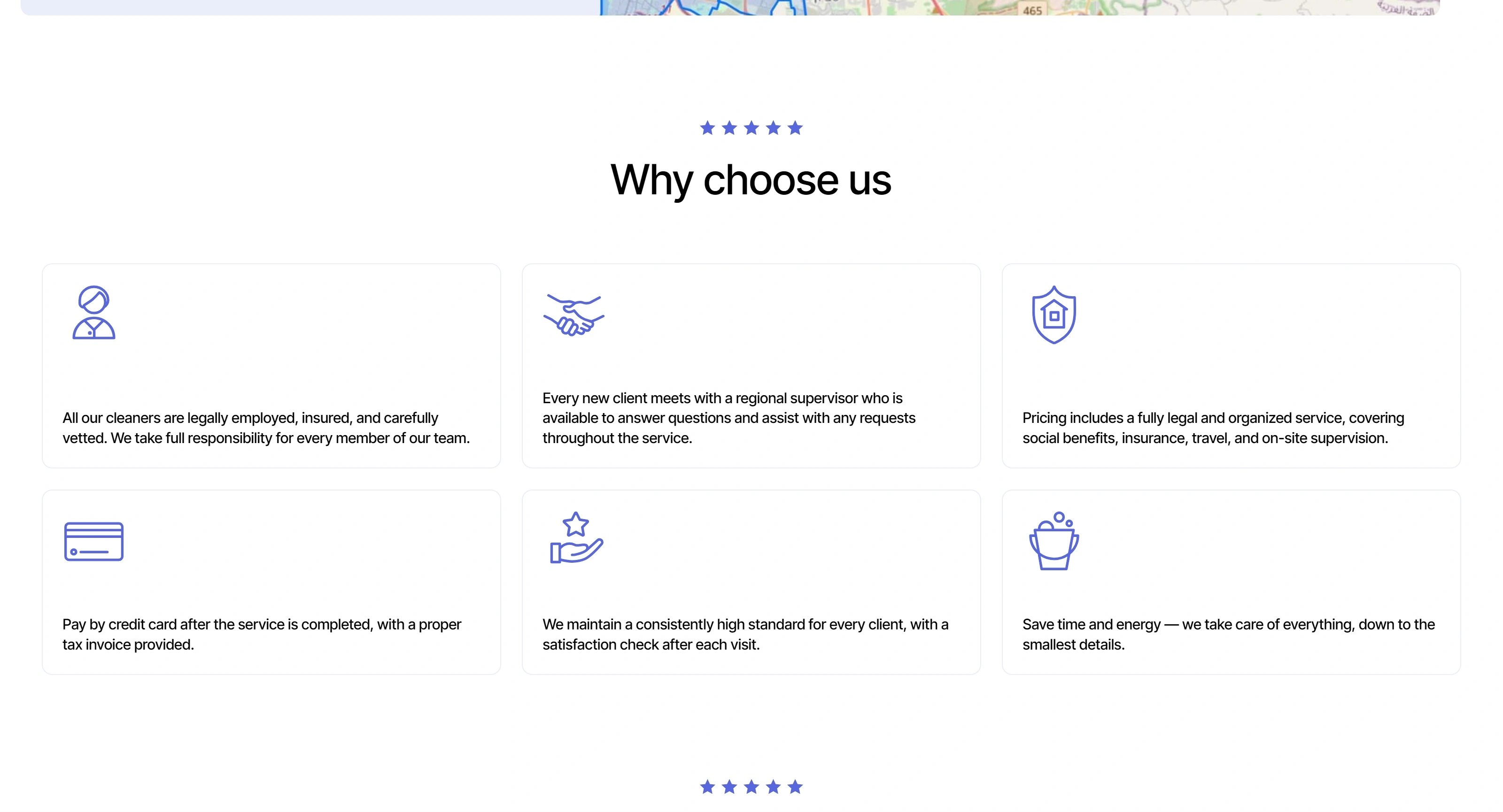 Cleaning Touch Service Секция «Преимущества» с сайта https://cleaningtouchservice.co.il/en, тематика — Бизнес и профессиональные услуги, цвета — Белый, стиль — Корпоративный, Карточный, типографика — Без засечек