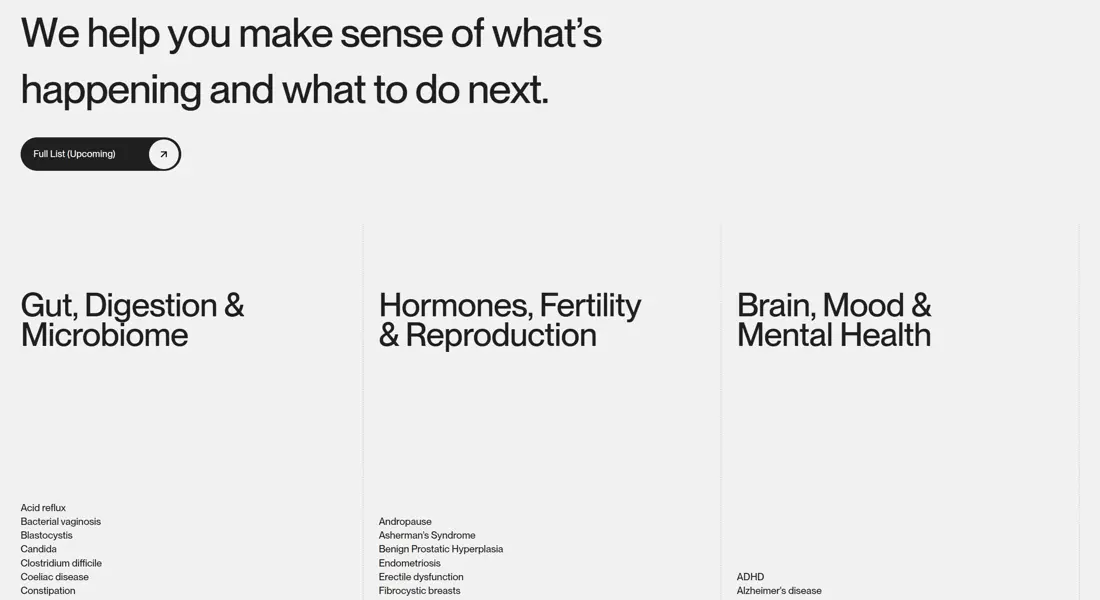 Секция «Контент» с сайта https://www.myhealthprac.com/, тематика — Здоровье и фитнес, цвета — Белый, стиль — Минимализм, типографика — Без засечек