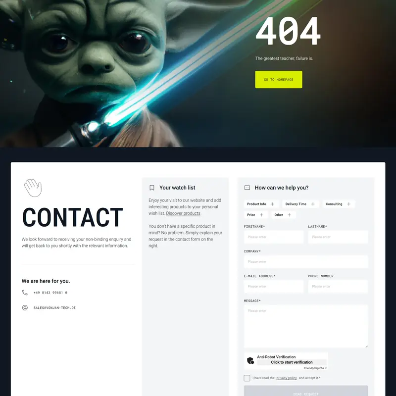 404-страница VONJAN, тематика — IT и программное обеспечение, цвета — Белый, Черный, Серый, стиль — Корпоративный, Минимализм, типографика — Без засечек