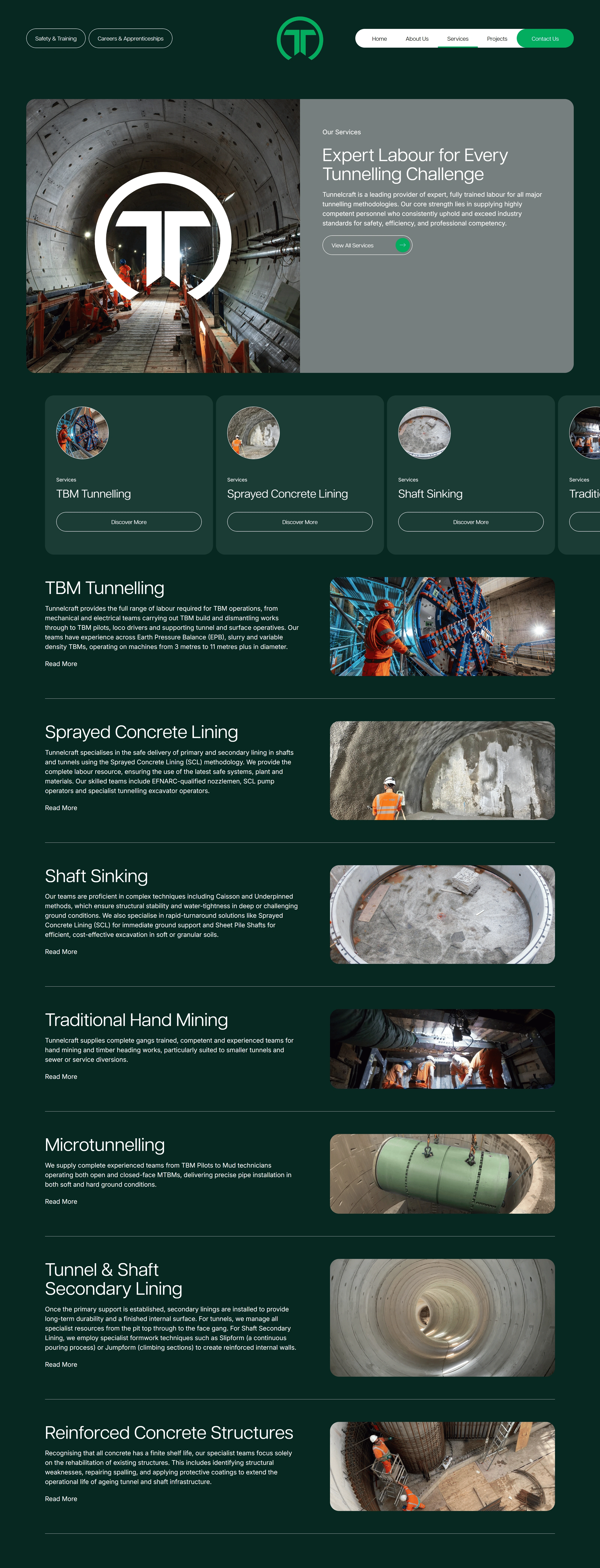 Tunnelcraft Услуги Tunnelcraft, тематика — Строительство, цвета — Черный, Серый, стиль — Корпоративный, Карточный, типографика — Без засечек