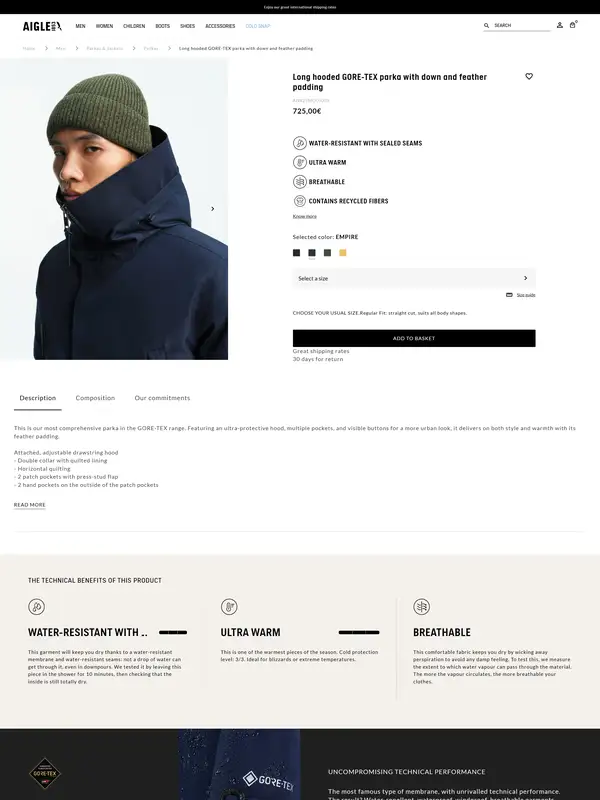 Продукт Aigle, тематика — Одежда, цвета — Белый, Черный, Серый, стиль — Корпоративный, Минимализм, типографика — Без засечек