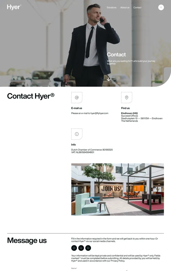 Контакты HYER, тематика — Путешествия и туризм, цвета — Белый, Черный, Серый, стиль — Корпоративный, Минимализм, типографика — Без засечек