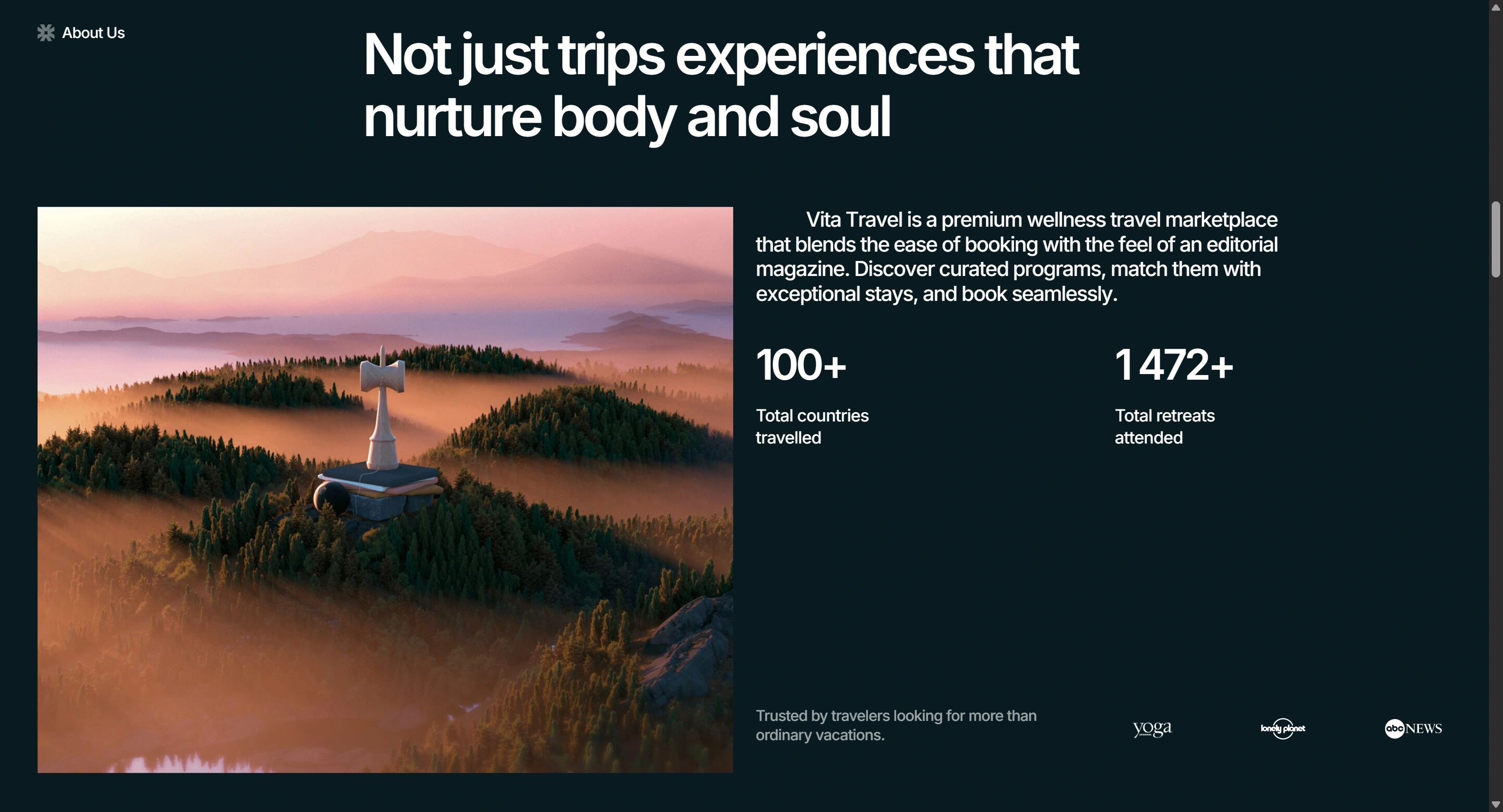 Vita Travel Секция «О компании» с сайта https://vita-travel.webflow.io/, тематика — Путешествия и туризм, цвета — Черный, Серый, стиль — Минимализм, Органический и природный, типографика — Без засечек